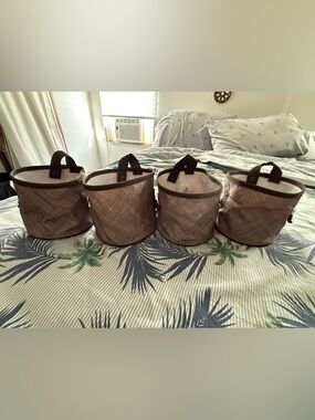 Thirty-One Set of 4 Brown Plaid Oh Snap Bins with Handles - New